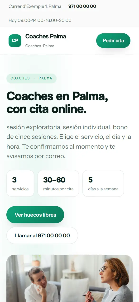 Web de ejemplo para coaches vista en el móvil