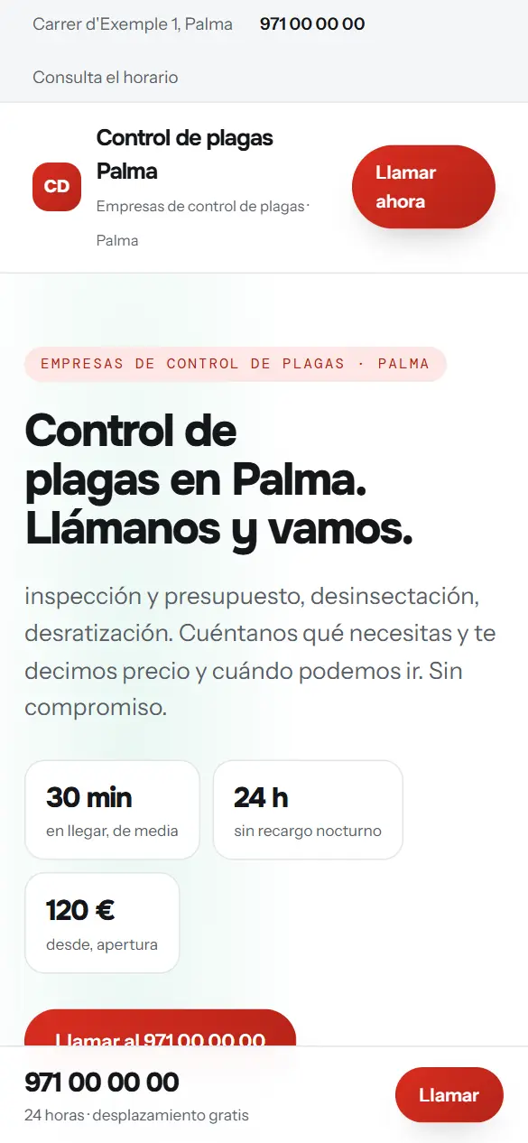 Web de ejemplo para empresas de control de plagas vista en el móvil