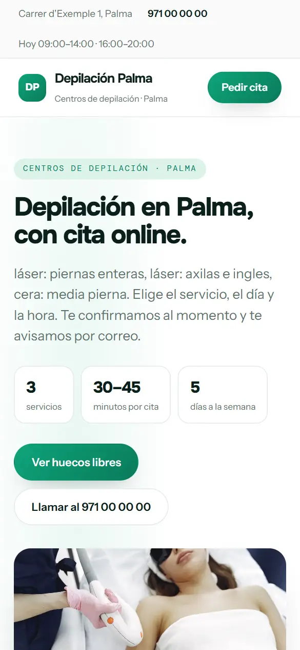 Web de ejemplo para centros de depilación vista en el móvil