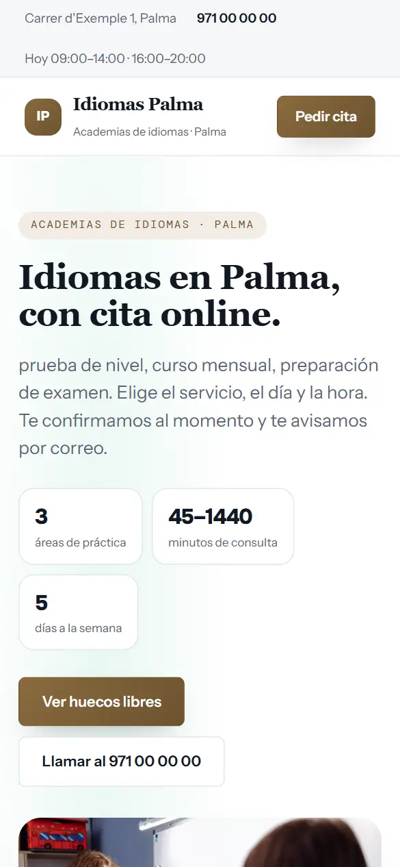 Web de ejemplo para academias de idiomas vista en el móvil