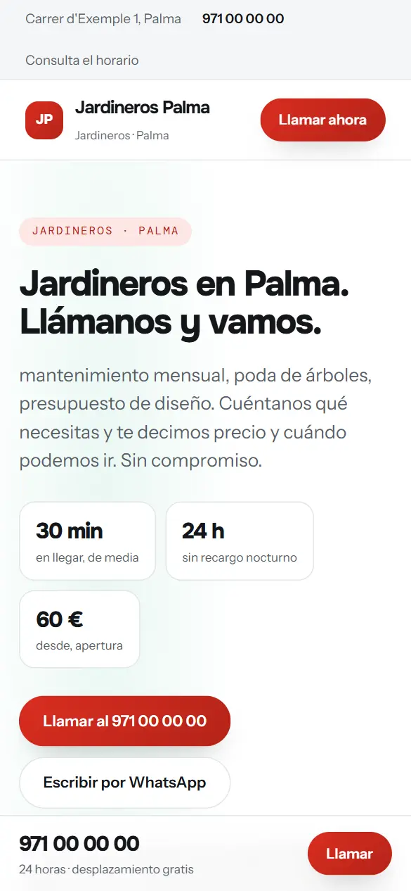 Web de ejemplo para jardineros vista en el móvil