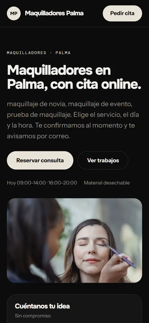 Web de ejemplo para maquilladores vista en el móvil