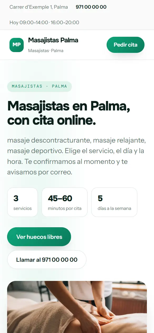 Web de ejemplo para masajistas vista en el móvil