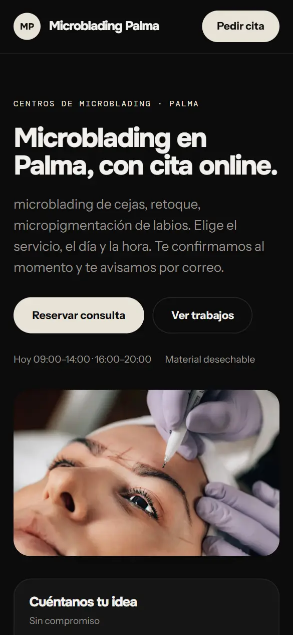 Web de ejemplo para centros de microblading vista en el móvil