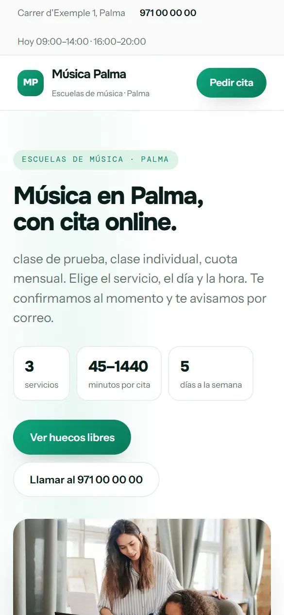 Web de ejemplo para escuelas de música vista en el móvil