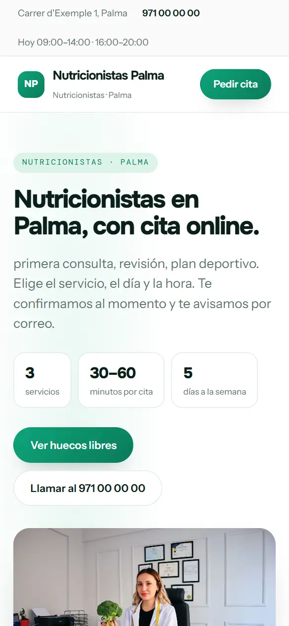 Web de ejemplo para nutricionistas vista en el móvil