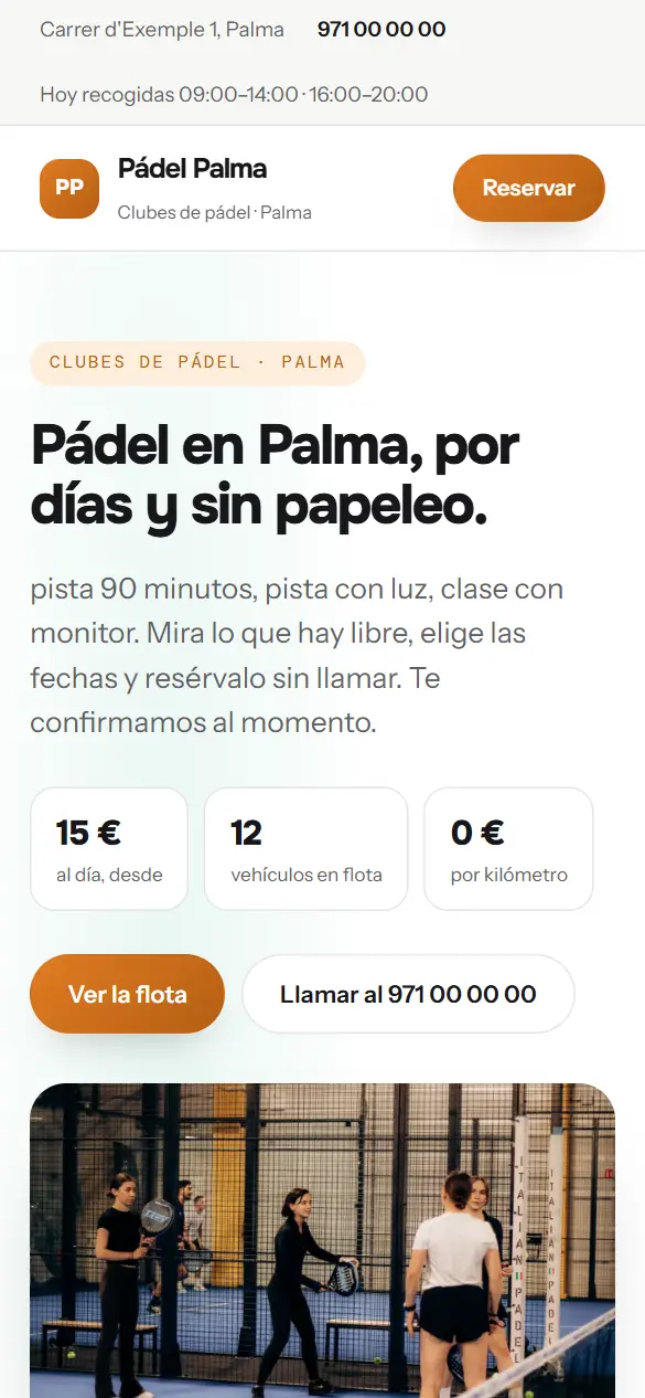 Web de ejemplo para clubes de pádel vista en el móvil