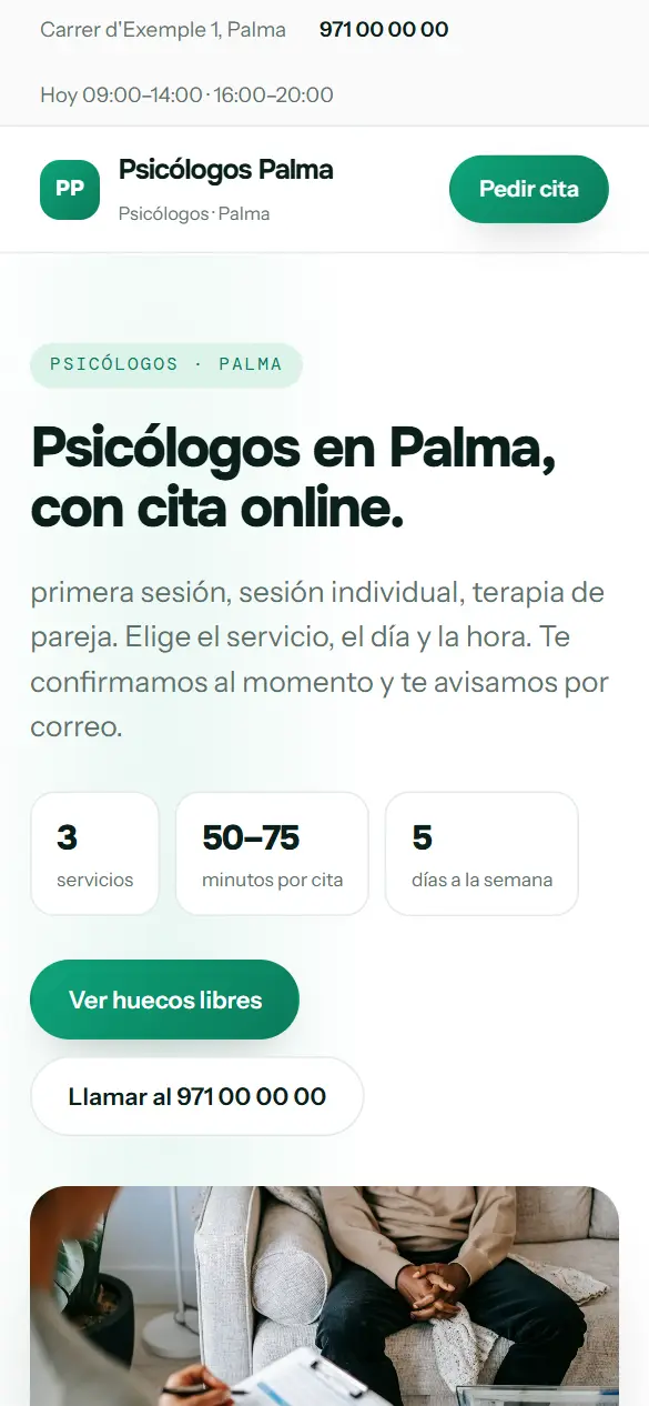 Web de ejemplo para psicólogos vista en el móvil