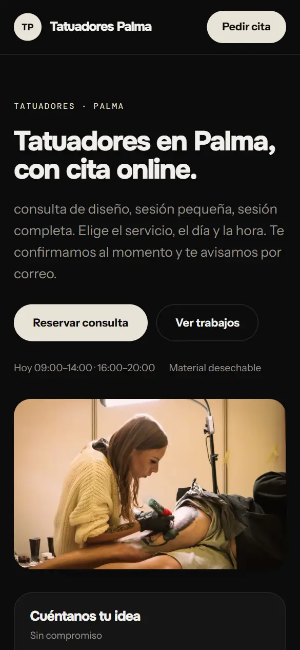 Web de ejemplo para tatuadores vista en el móvil