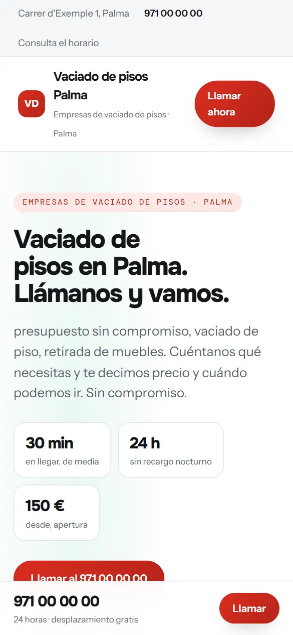 Web de ejemplo para empresas de vaciado de pisos vista en el móvil